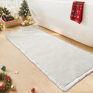 White Bathroom Rugs, Waffle Bath Mat Non Slip Washable, Super Absorbent & Quick Dry, Boho Bath Mat Farmhouse Bathroom Decor, 20'' x 48'', White