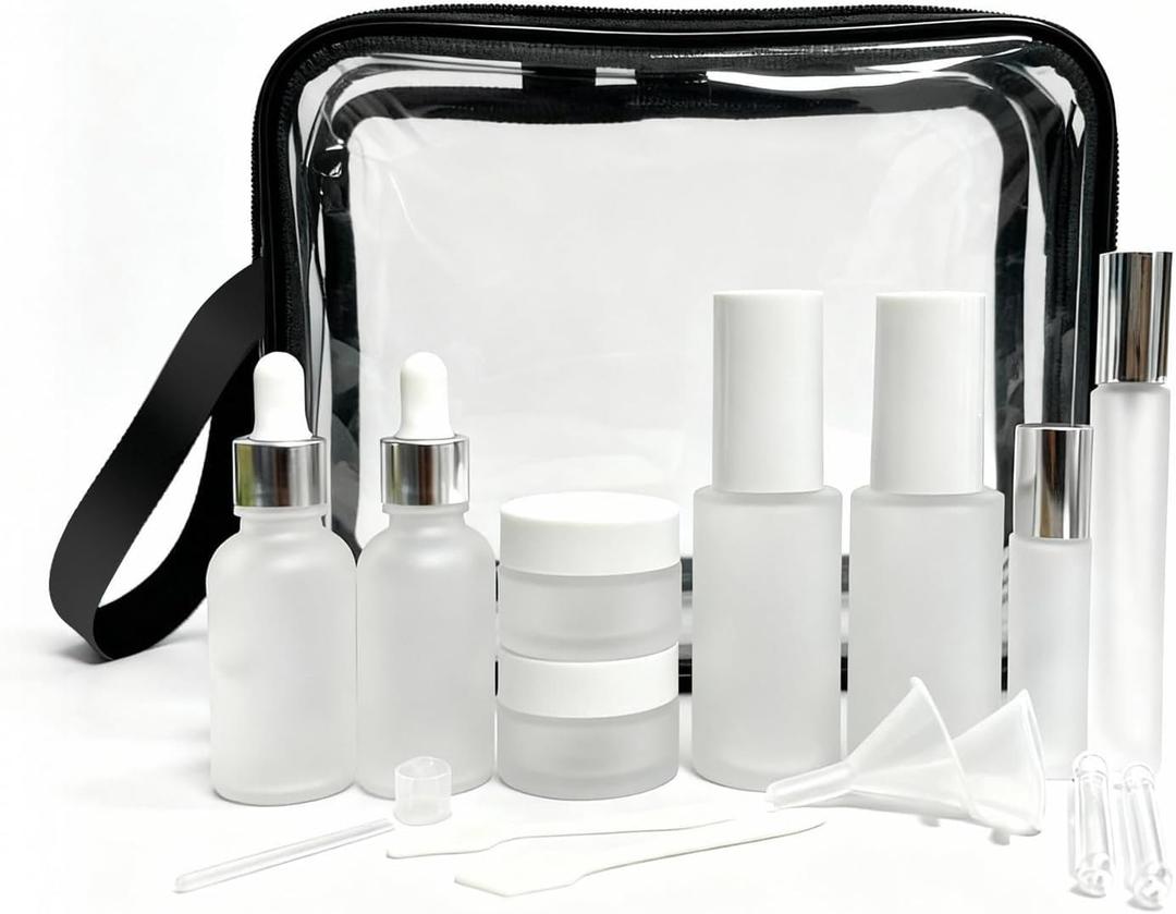 18-Pack Glass Travel Bottles Set, 1.35/0.7/1 oz TSA Approved Containers with Pump Spray, White Small Bottles for Toiletries, Makeup, Skincare