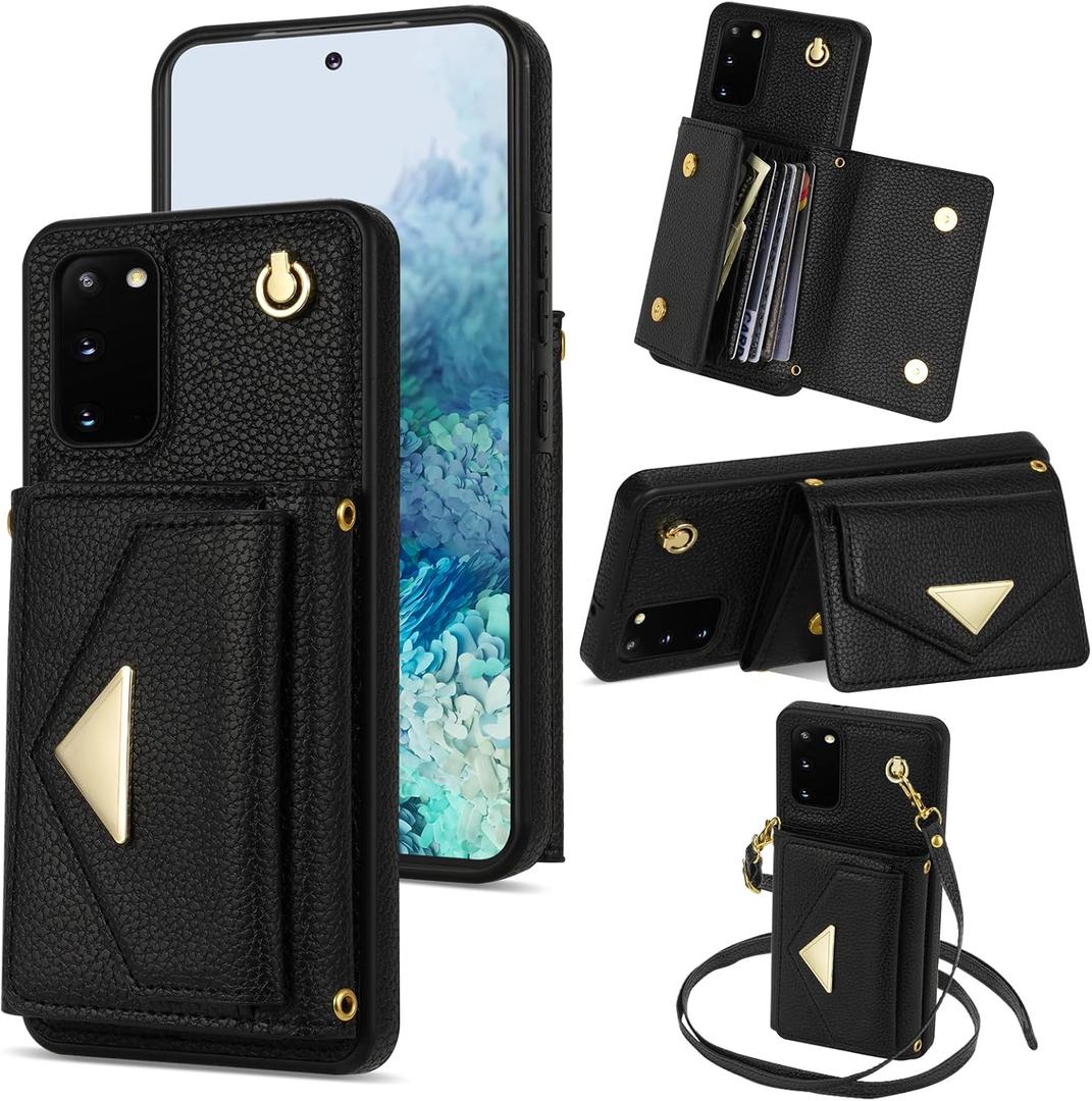 Asuwish Phone Case for Samsung Galaxy S20 FE 5G 6.5 inch Wallet Cell Cover with Credit Card Holder Stand Shoulder Crossbody Strap S 20 EF UW S20FE5G S20FE 20S S2O Fan Edition 4G G5 Women Girls Black