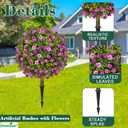 Artificial Purple Rose Topiary Ball Trees with Ground Spike Set of 2, Faux Boxwoods for Outdoor Planters, UV Resistant Artificial Outdoor Plants for Porch, Fake Bushes Round Shrub