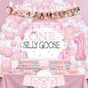 One Silly Goose Birthday Decor Girl Pink Balloons Garland Kit One Silly Goose Backdrop Highchair Photo Banner Cake Topper for Farm Animal First Birthday Decorations