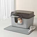 Oneluck Large Cat Litter Box with Transparent Covered,Mat and Scoop, Convenient for Observing Cats, Front Door Flap for Privacy, Gray