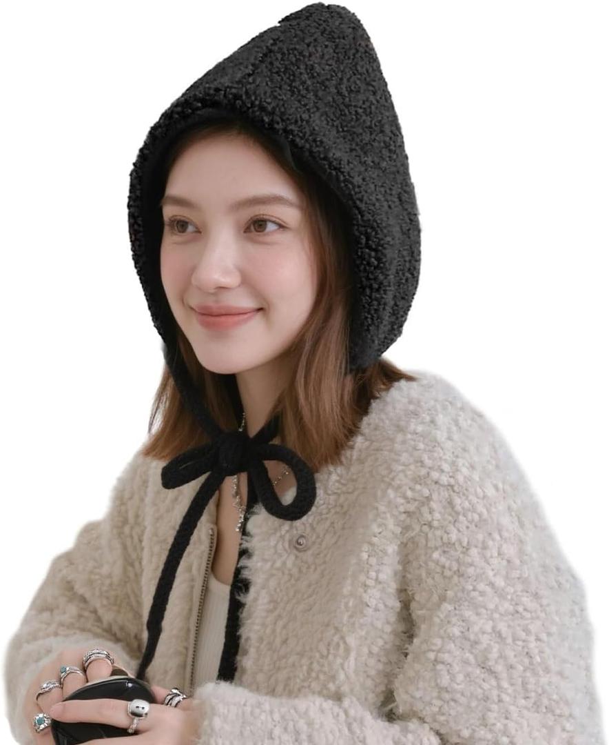 Women Fuzzy Warm Peruvian Beanie Hat Fleece Lined Soft Beanie Windproof Earflap Trapper Cap with Chin Strap (Black)