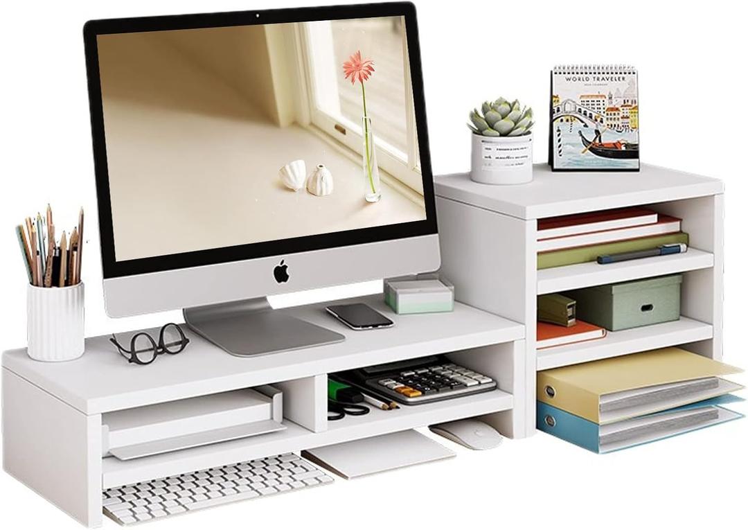 Wood Monitor Riser, 2 Tier Computer Monitor Stand with Storage Rack