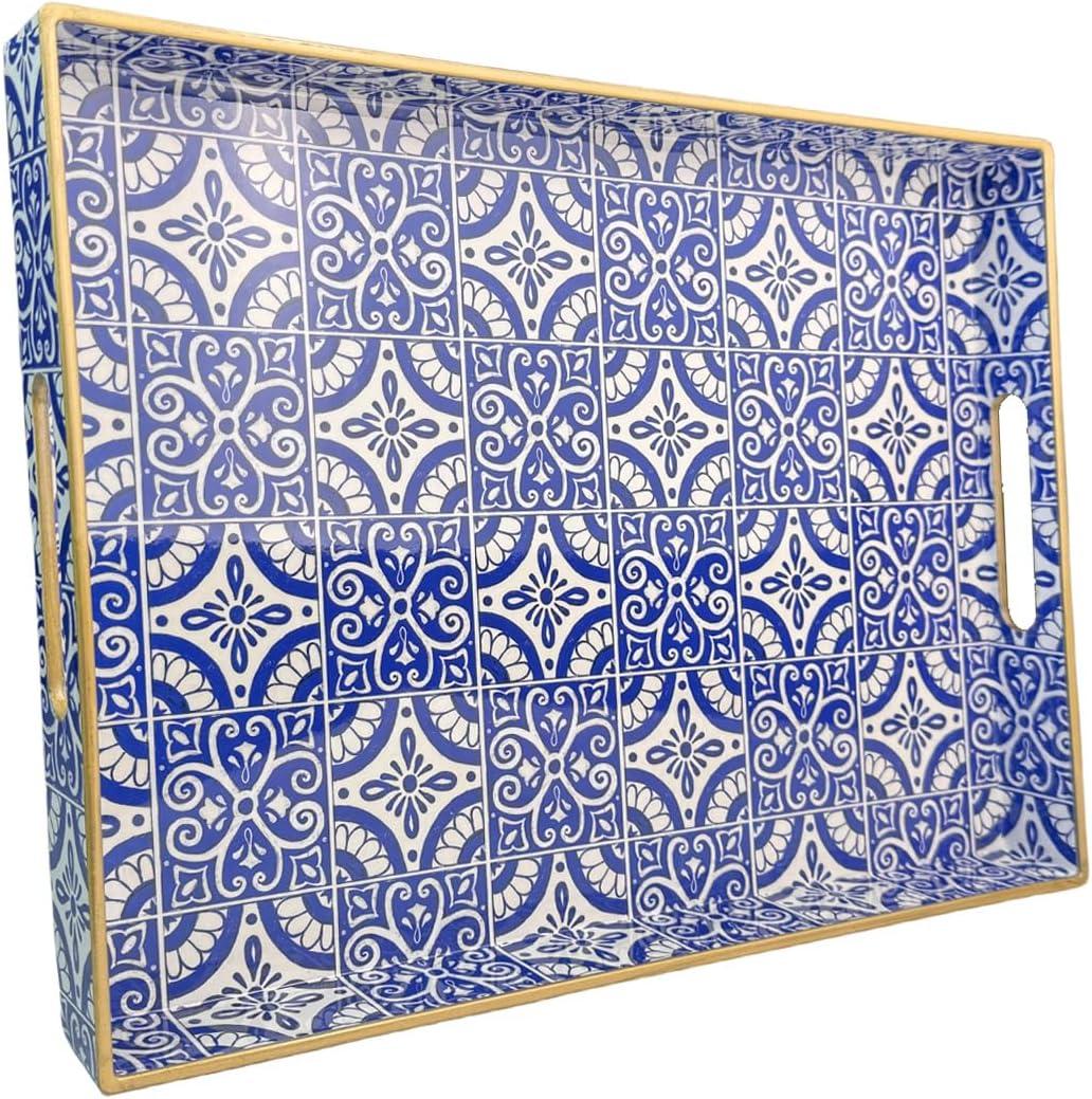 Serving Tray with Handles, Rectangular Decorative Trays for Coffee Table, Plastic Ottoman Tray for Living Room, Decor, Boho Blue, 15.7”*11.8”*1.6"