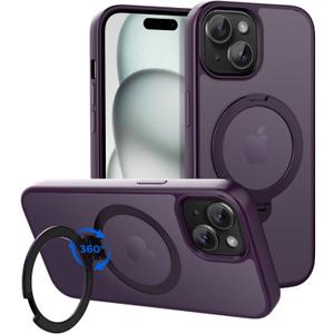 CACOE Magnetic Case for iPhone 15 6.1 inch with 360 Rotatable Ring Stand, Compatible with MagSafe Car Phone Mount, iPhone 15 Cases Cover Phone Holder for Desk Meeting/Videos Dark Purple