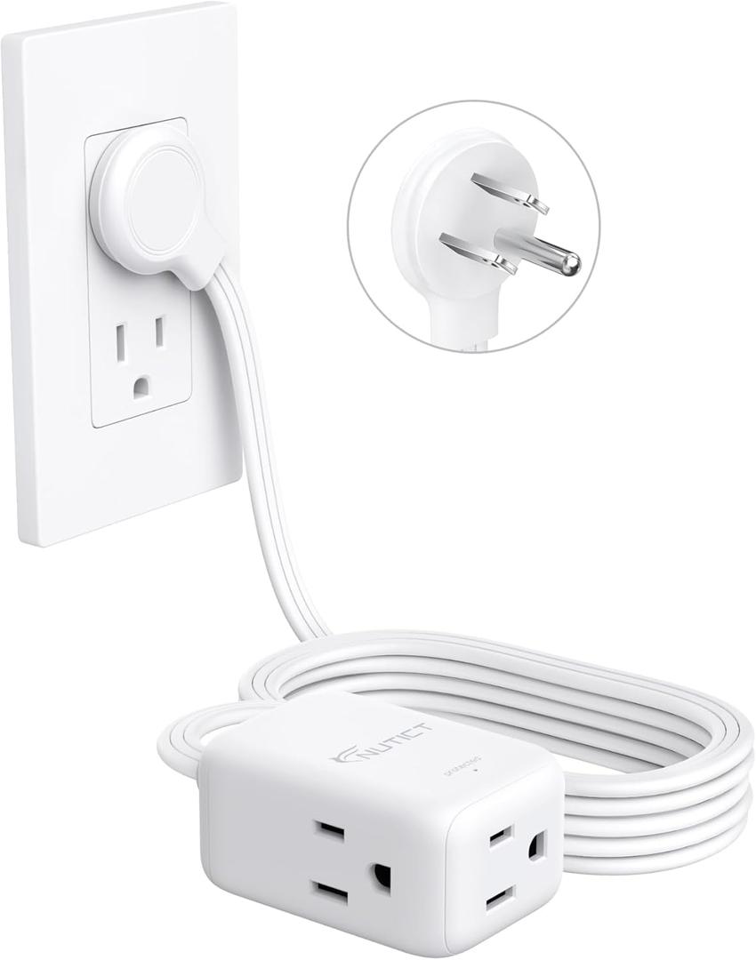 NUTICT 10FT Flat Extension Cord, 3 Outlets Right Angle Plug, Three Prong Cord Extension with Surge Protector, ETL Listed, 13A/1625W, Ultra Thin Plug for Microwave, TV, Laptop, Behind Furniture, White