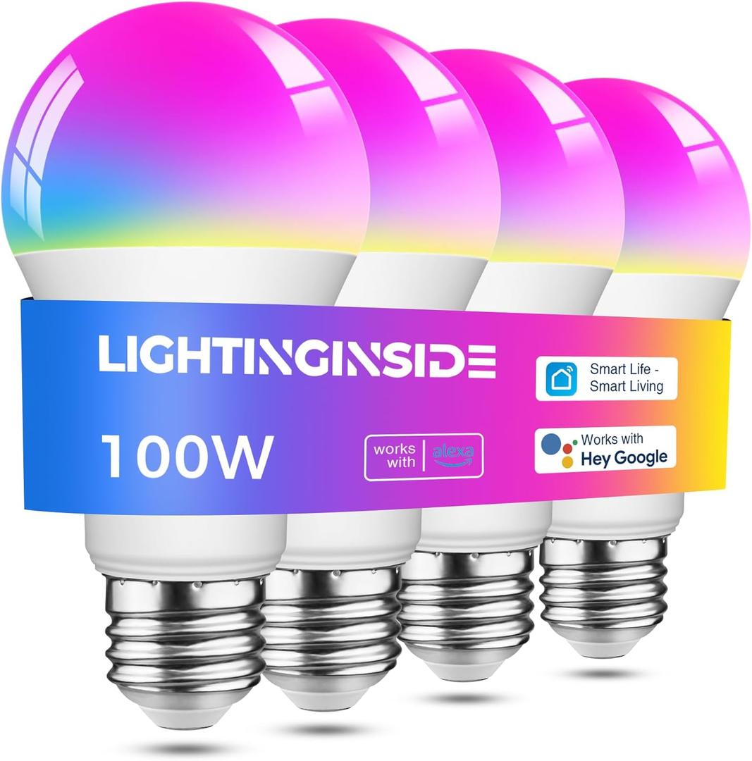 Lightinginside Smart Light Bulbs 100W Equiv., 1350LM 11W Smart Bulb Works with Alexa/Google Home/Smart Life, A19 E26 RGBCW Color Changing, No Hub Required, 2.4G WiFi Bluetooth Bulb, ETL Listed, 4PCS