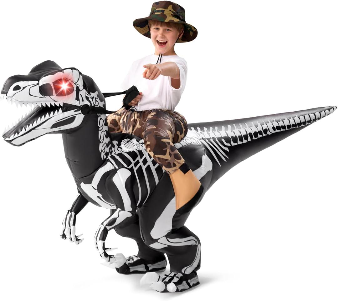 Spooktacular Creations Kids Halloween Inflatable Costumes, Raptor Blow Up Costume with Skeleton Digital Printing, Ride On Dinosaur Inflatable Suit for Halloween Cosplay Themed Party