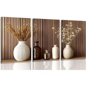 3Pcs Framed Modern Minimalist Canvas Wall Art Flowers and Vase Paintings Pictures Brown Vertical Wood Grain Background Posters Prints Natural Wabi Sabi Wall Decor for Living Room Bedroom Decoration, 16x24, Framed