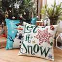 Artscope Christmas Tree Snowman Throw Pillow Covers 16x16 Inch Set of 4, Let It Snow Holly Jolly Winter Hoilday Christmas Decoration Pillow Cases for Home Sofa Couch Decor-Blue