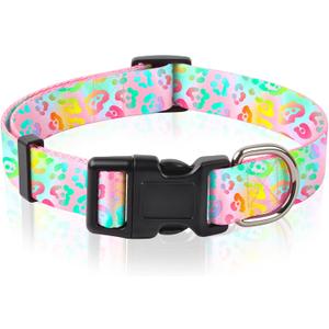 Leopard Dog Collar Cute Dog Collars for Girl Female Adjustable Cheetah Puppy Collars with Quick Release Buckle Soft Durable Puppy Collar for Large Dogs Pet Gift (Rainbow Leopard Print)