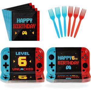 96Pcs Video Game 6th Birthday Decorations Level 6 Birthday Party Plates and Napkins Level Up Disposable Tableware for 6 Years Old Boy Gaming Birthdays Decorations
