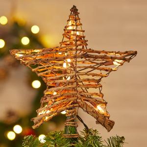 Brightown Christmas Tree Topper Star Lighted Plug in 3D Rustic Rattan Natural Farmhouse Built-in 10 Bulbs Christmas Tree Star Topper Classic Vintage Indoor Xmas Decorations Ornament Holiday Home Decor