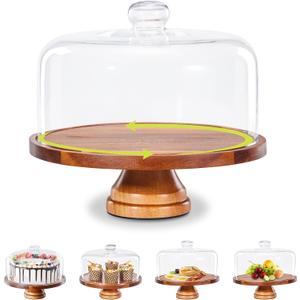 Yangbaga Glass Cake Stand with Lid,11in Wooden Rotating Cake Stand with Dome Cover, Cake Plate Display Server Tray for Birthday Kitchen Party