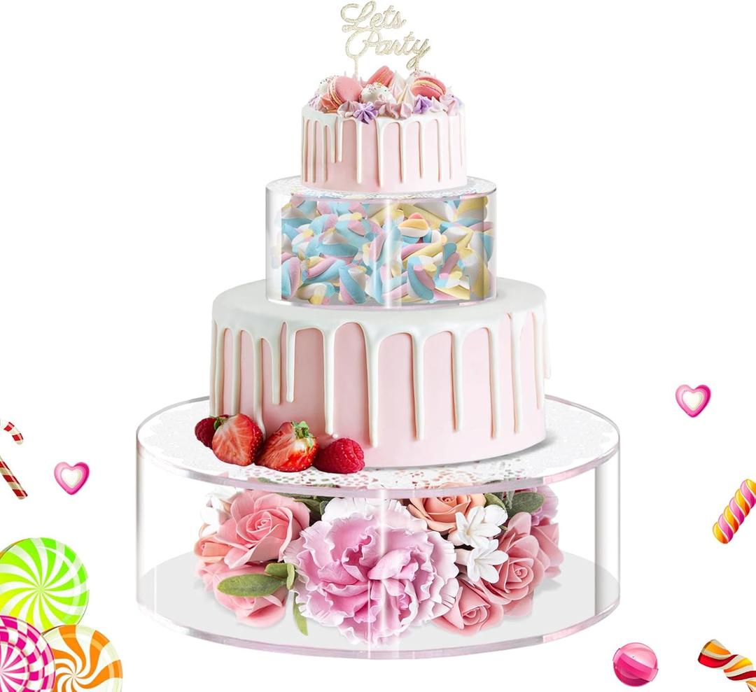 ULENDIS 2PCS Clear Acrylic Cake Stands for Dessert Table, Round Fillable Cake Box Riser with Lace Paper Doilies, Decorative Centerpiece for Wedding Birthday Party Display(8Inch, 12Inch)