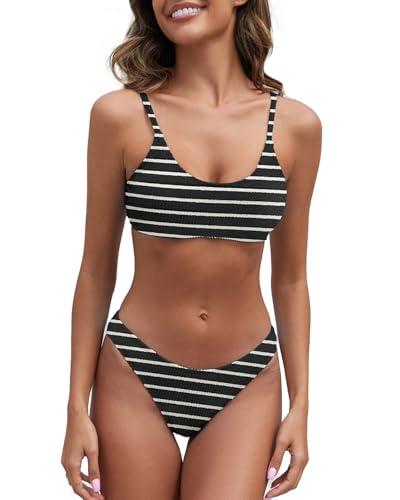 Fanuerg Women's Ribbed Bikini Sets Scoop Neck Cheeky Swimsuit Textured Two Piece Bathing Suit Black White Stripe, XL