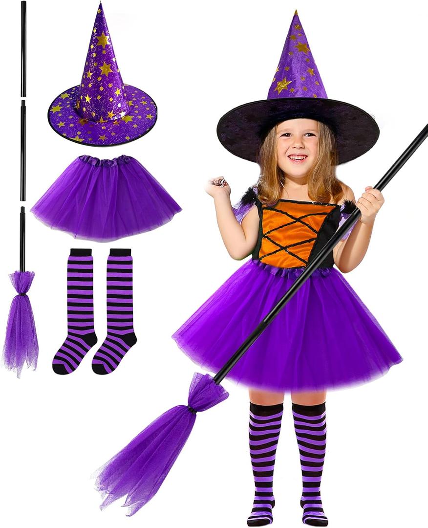 MISS FANTASY Toddler Witch Costume Halloween Witch Costume Accessories Girls Including Witch Hat and Broom Witch Purple Tutu Toddler Striped Witch Socks for 3-5 Kids Hocus Pocus Costume for Toddler