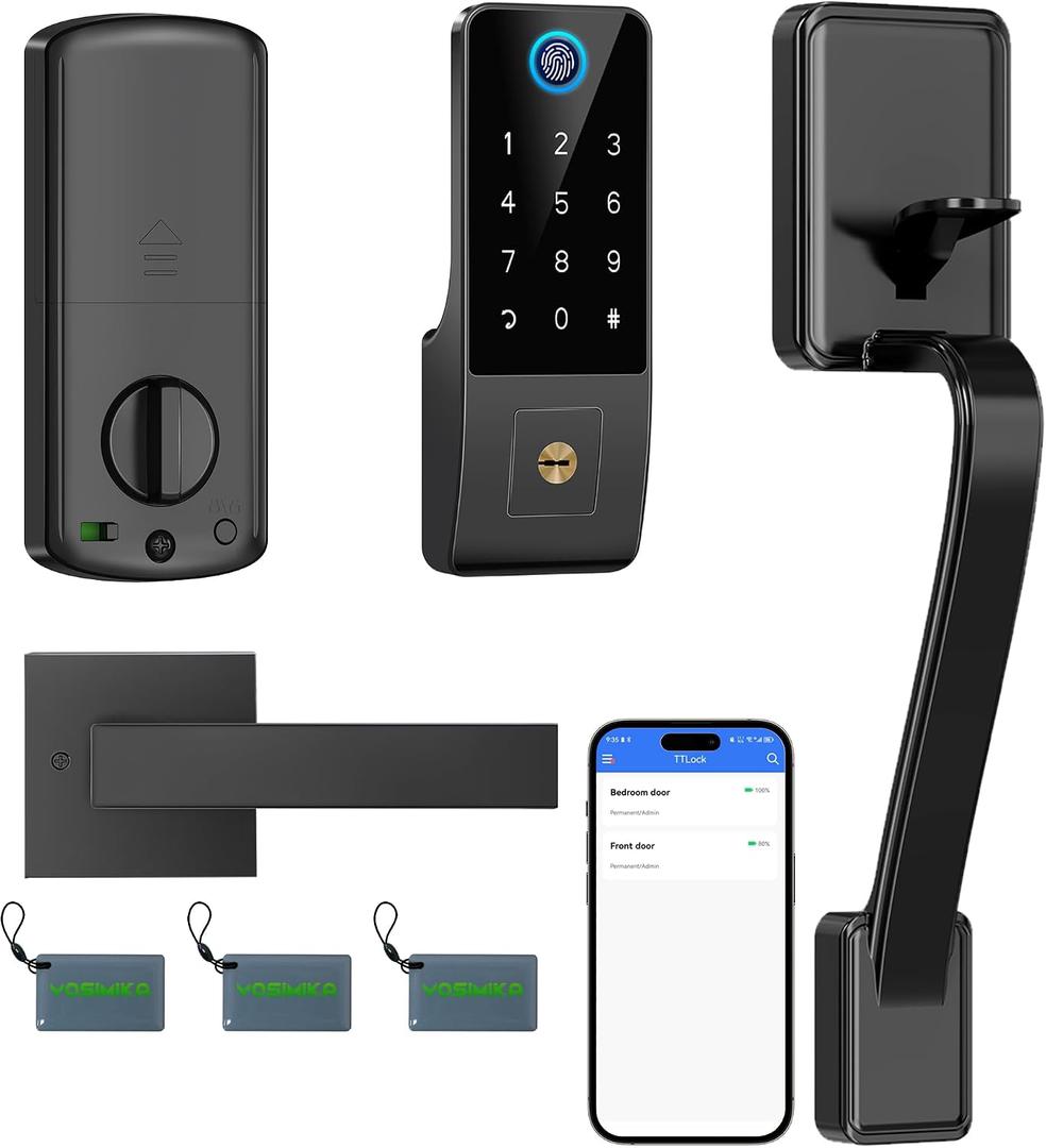 Smart Fingerprint Door Lock for Front Door – Keyless Entry Deadbolt with Handle Set, Digital Keypad, App Control, Auto Lock, Easy Install, Matte Black