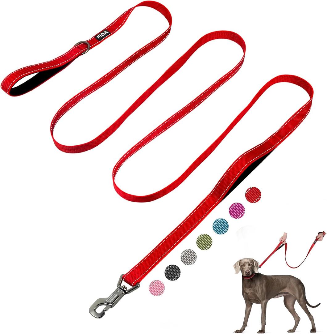 Fida 10ft Heavy Duty Dog Leash with 2 Comfortable Padded Handles, Traffic Handle & Advanced Easy Snap Hook, Reflective Walking Lead, Breed Dogs, Red