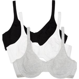 Fruit of the Loom Women's Unlined Underwire Bra - Cotton & Spandex Blend for Natural Shape and Flexibility (36DD, Blk/ White 86ck/ Grey Heather)