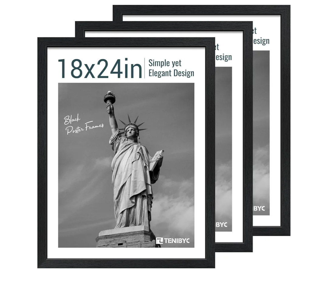 18x24 Poster Frame 3 Pack - Black Woodgrain, Solid Wood Gallery Picture Frame - Wall Hanging