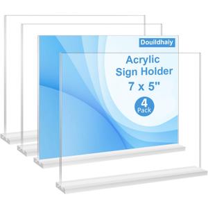 4 Pack Acrylic Sign Holder 5 x 7 Horizontal ,T Shape Double Sided Table Menu Stands,Clear Paper Display Stands for Table Numbers,Photo Frames,Office,Restaurant -Landscape