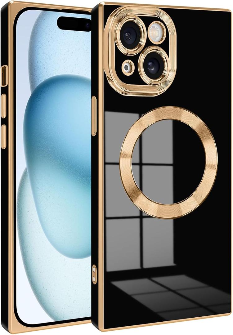 Magnetic for iPhone 14 Case Rectangle, Compatible with Magsafe Wireless, Plated Soft TPU with Full Lens Protection, Military Grade Shockproof Phone Case for iPhone 14 Black (14 6.1inch)