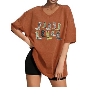 Women's Western Cowboy Shirts Vintage Rodeo Graphic Oversized Tops Country Music Tees Short Sleeve Cowgirl T-Shirt (Orange, L)