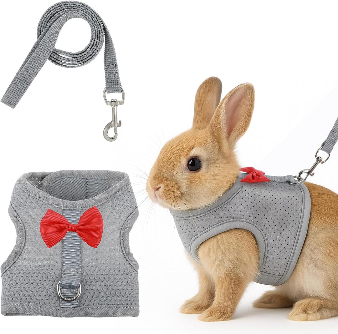 Bunny Harness and Leash Set, Escape Proof Rabbit Harness,Soft Breathable Mesh Rabbit Harnes with Bow and Metal Buckles for Rabbits, Kittens, Ferrets, Guinea Pigs,Pet Walking Gear