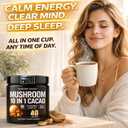 Instant Mushroom Powder 10:1 Cordyceps Mushroom Supplement with Reishi, Chaga & Shiitake Caffeine-Free Nighttime Drink with B6, B12, D + Probiotics Mushroom Cacao Organic Blend (No Sweetener)