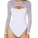 Avidlove Womens Mesh Long Sleeve Bodysuit Crew Neck Sexy Bodysuit Double Lined Thong Basic Top White M