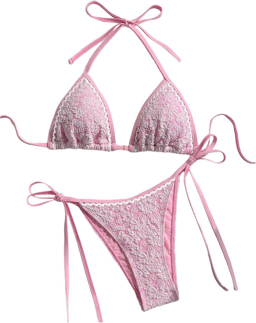 GORGLITTER Women's Flower Triangle Halter Bikini Set High Waisted String Swimsuit Summer Bathing Suit 2 Piece Swim Wear Pink Medium (Pink, M)