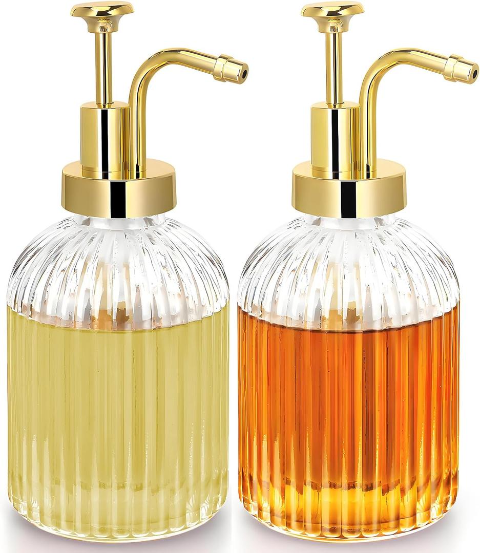 Glass Coffee Syrup Dispenser 10oz, Syrup Bottles with Ribbed Design, Gold Syrup Pump, Coffee Bar Accessories, Honey Dispenser (2)