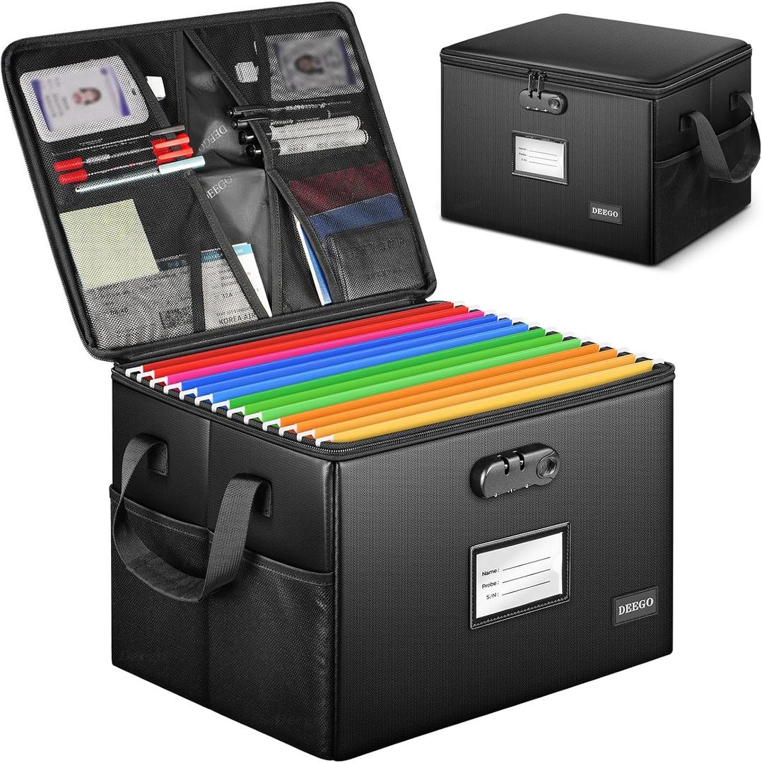 DEEGO Fireproof Document Box, Water-Resistant File Organizer Box with Lock for Document Safe, Collapsible File Organizer with Handle, Filing Cabinets for Home Office for Hanging Letter/Legal Folder (Black)