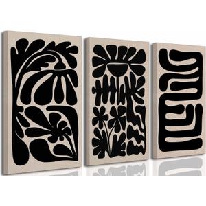 3 Pcs Boho Abstract Floral Canvas Wall Art Mid Century Modern Minimalist Black Neutral Flower Botanical Picture Wall Decor Poster Print Artwork for Living Room Bedroom Home Decoration (12x16in)