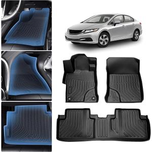 Floor Mats for 2012 2013 2014 2015 Honda Civic All Weather Rubber Civic Floor Liners,3PCS Front&Rear Row Full Set Waterproof Car Mats for Civic Accessories TPE Black