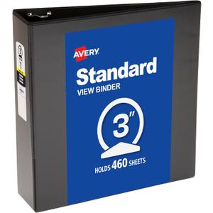 Avery Standard View 3 Ring Binder, 3" Round Rings, 460-Sheet Capacity, 3.5 Inch Wide Spine, 1 Black Binder, Ideal for Lightweight Organization and Occasional Referencing (05740)