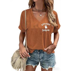 Halloween Shirts Spooky Season Shirt Women Cute Ghost V Neck Shirt Fall Holiday Matching Tops (S)