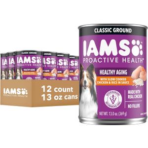 IAMS Proactive Health Senior Wet Dog Food, Classic Ground Dog Wet Food, Slow Cooked Chicken and Rice, 13 oz. Cans (Pack of 12) BBD: 11/01/2027