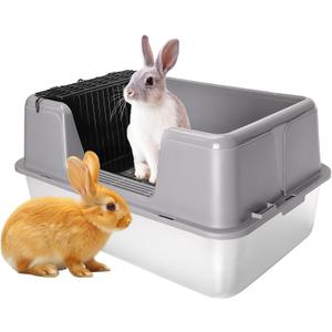 XL Rabbit Litter Box, 23.6" L x 15.7" W x 12.4" H Stainless Steel Rabbit Litter Box with Lid, Hay Feeder with Hooks, Footed Metal Grid, Easy to Clean for Medium and Large Rabbits