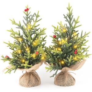 Set of 2 Mini Christmas Tree, 12 in Pre-lit Tabletop Xmas Decorations with 8 Warm LED Lights, Battery Operated with Timer, Burlap Base Artificial Pine Tree for Indoor Desk Office Dorm (Spruce)