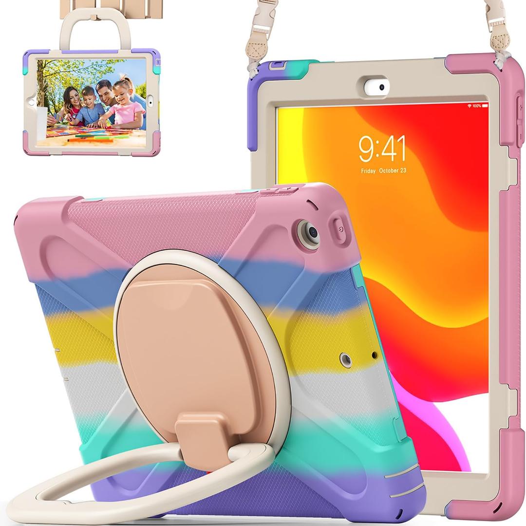 for iPad 10.2 Case 9th Generation 2021 / 8th Gen 2020 / 7th 2019,Shockproof Kids Case with Screen Protector,Rotating Stand/Pencil Holder/Shoulder Strap for iPad 10.2 Inch - Colourful Pink