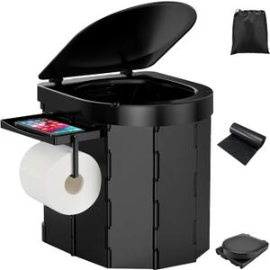 Portable Camping Toilet, Foldable Toilet for Adults with Detachable Phone Shelf and Toilet Paper Holder, Waterproof Porta Potty with Lid for Camping, Hiking, RV Travel, Road Trips (Black)