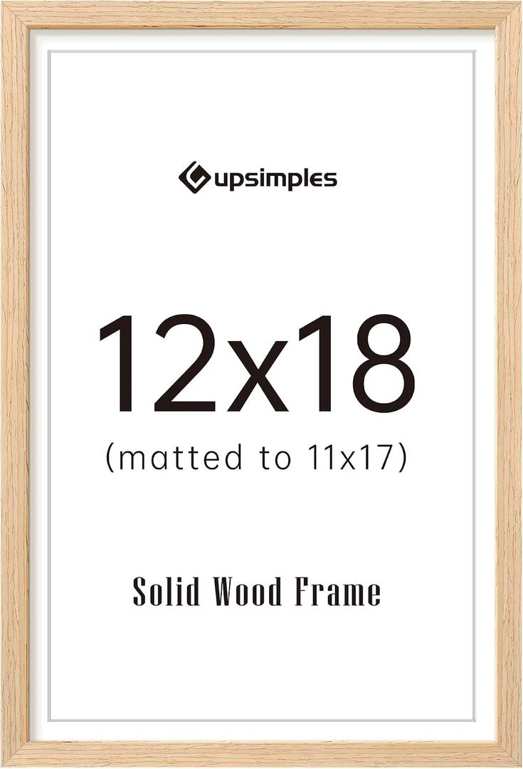 upsimples 12x18 Frame, Natural Solid Wooden Picture Frames, Display 11x17 with Mat or 12 x 18 Without Mat, Vertical or Horizontal Wall Hanging, 1 Pack, Natural