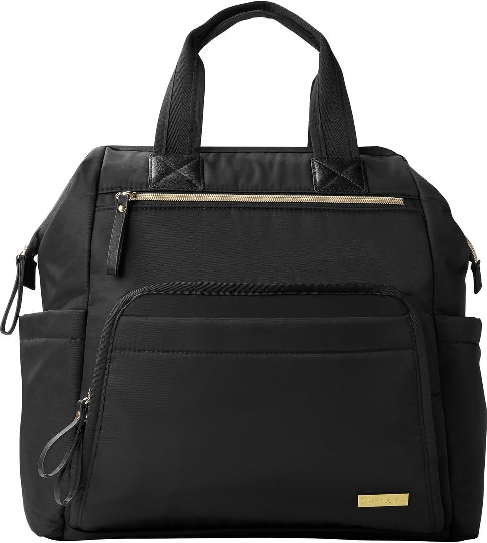 Skip Hop Diaper Bag Backpack: Mainframe Large Capacity Wide Open Structure with Changing Pad & Stroller Attachement, Black with Gold Trim, 14.25x6.25x14.75 Inch