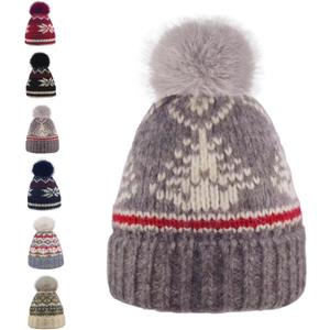 Kids Winter Knit Beanie Hat for Boys Girls Age 3-8 with Faux Fur Pom Warm Fleece Lined