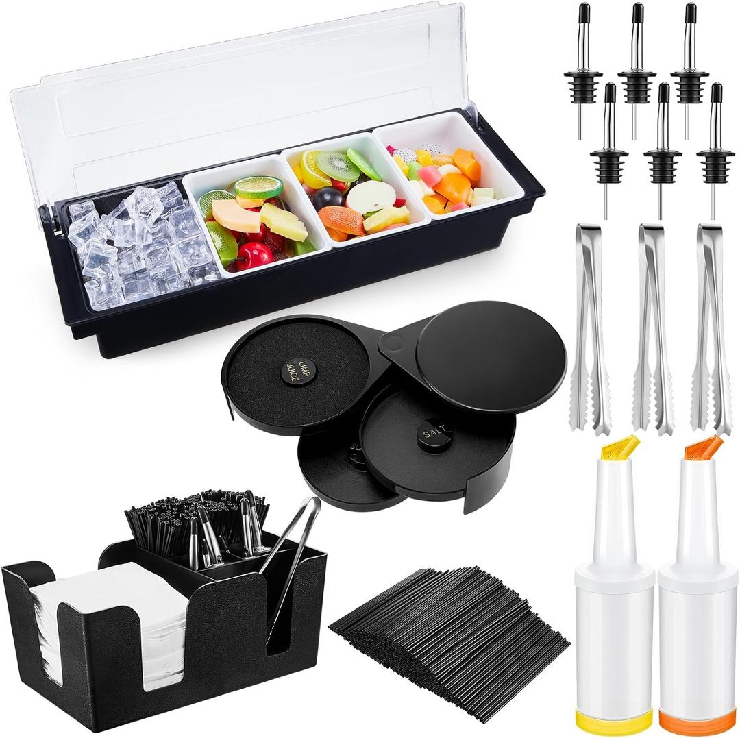 Mifoci Bartending Supplies 4 Compartments Garnish Tray with Lid Bar Caddy 3 Tier Glass Rimmer Stainless Steel Bottle Pourers Juice Pouring Cocktail Tools Plastic Serving Accessories