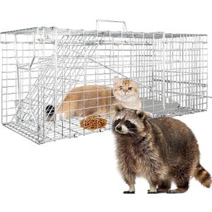 32" Live Animal Cage Trap,Heavy Duty Raccoon Traps,32" x 12.5" x 12" Humane Cat Trap Galvanized Steel Folding Small Animal Live Trap with Handle for Rabbits,Groundhogs & Opossums Catch & Release