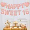 Happy Sweet 16 Banner for Party Decorations Sweet 16th Party Birthday Decorations for Girls Pre-Strung Rose Pink Glitter Sweet Banner